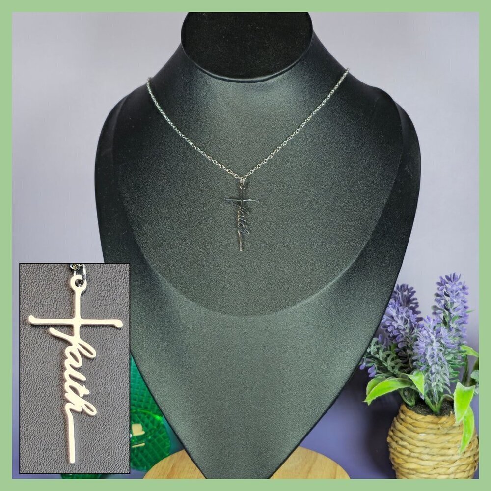 Silver "Faith"‎ Cross Pendant Necklace (NWOT)